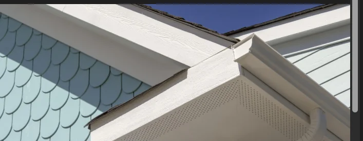 Daytime closeup of a closed soffit, showing the fascia edge sticking down past the soffit panel