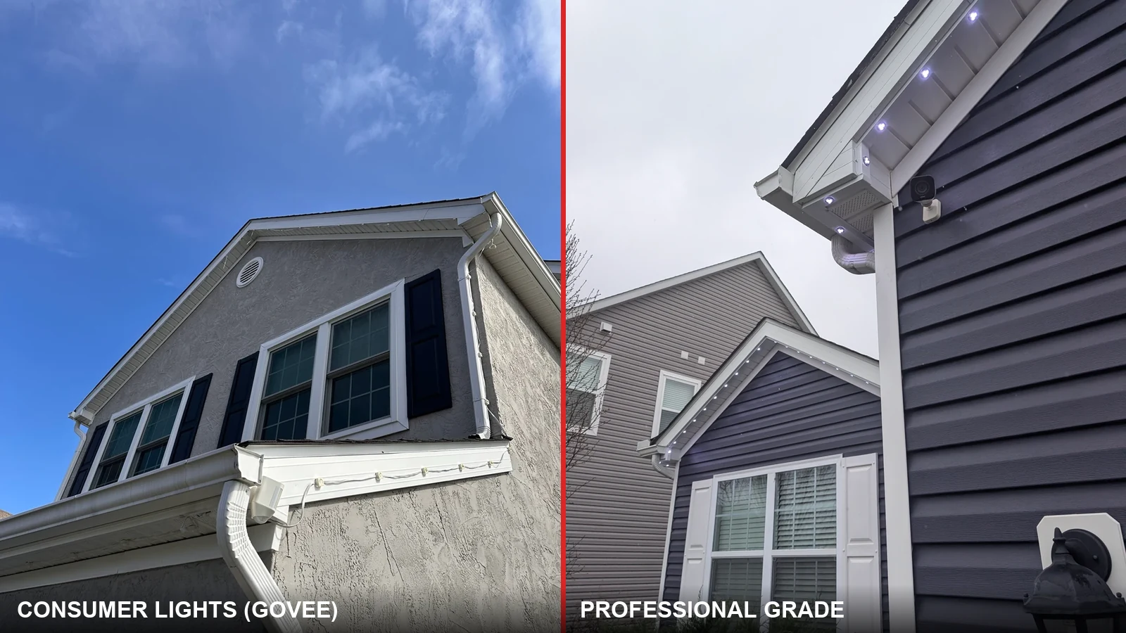 Govee vs professional grade permanent Christmas lights in the daytime, side by side